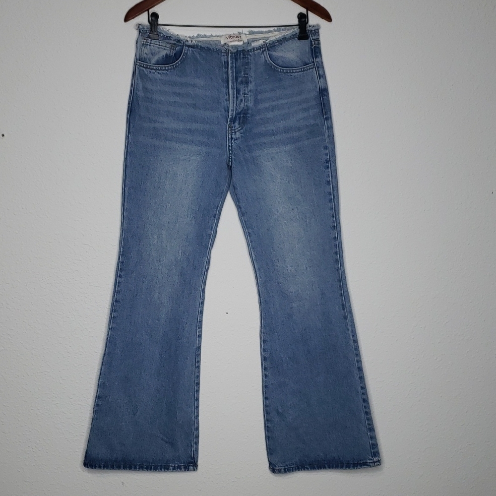 Vibrant MIU Fringe Waist Button Fly Boot Cut Flare Jeans Size 27 Cotton 80s